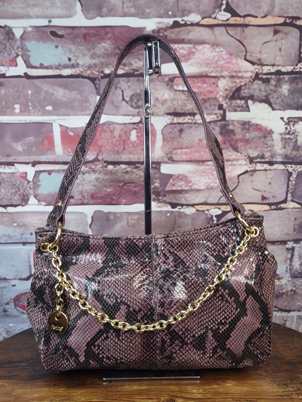 Perlina Snake Embossed Leather Shoulder Bag with Gold Chain